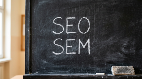 SEO vs SEM pissarra Pissarra amb SEO i SEM escrits, conceptes de màrqueting digital