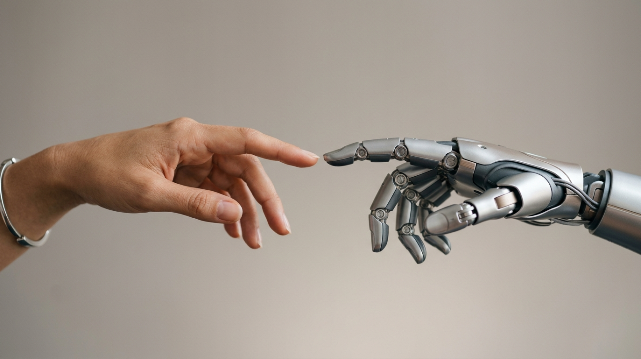 Intel·ligència artificial en màrqueting digital amb mà humana i robot