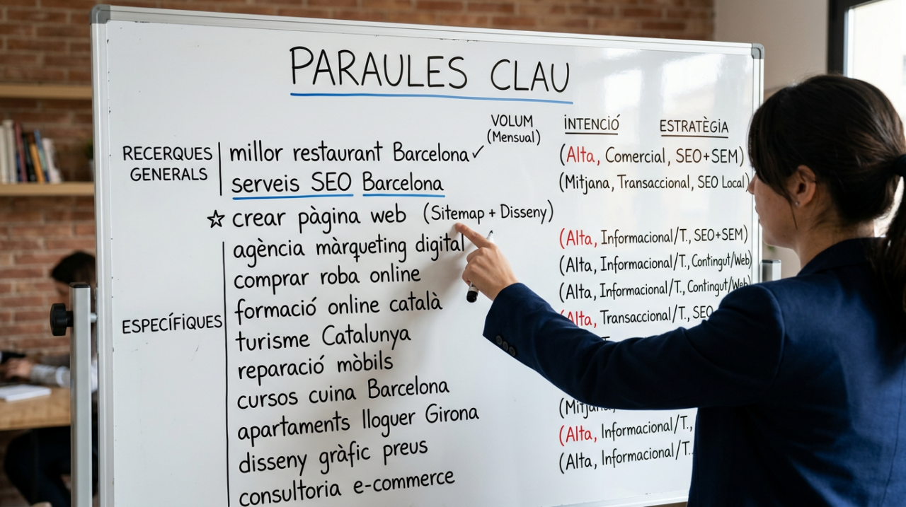 Persona analitzant paraules clau en una pissarra per definir una estratègia de màrqueting digital