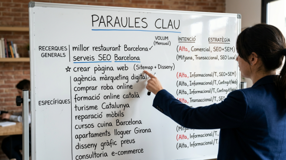Estratègia de paraules clau en màrqueting digital Persona analitzant paraules clau en una pissarra per definir una estratègia de màrqueting digital