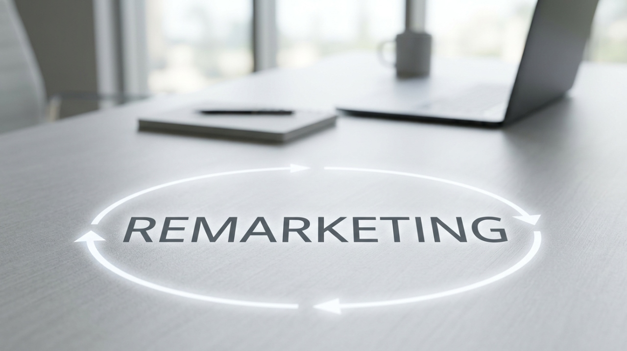 Concepte de remarketing amb text sobre taula i estratègia de màrqueting digital