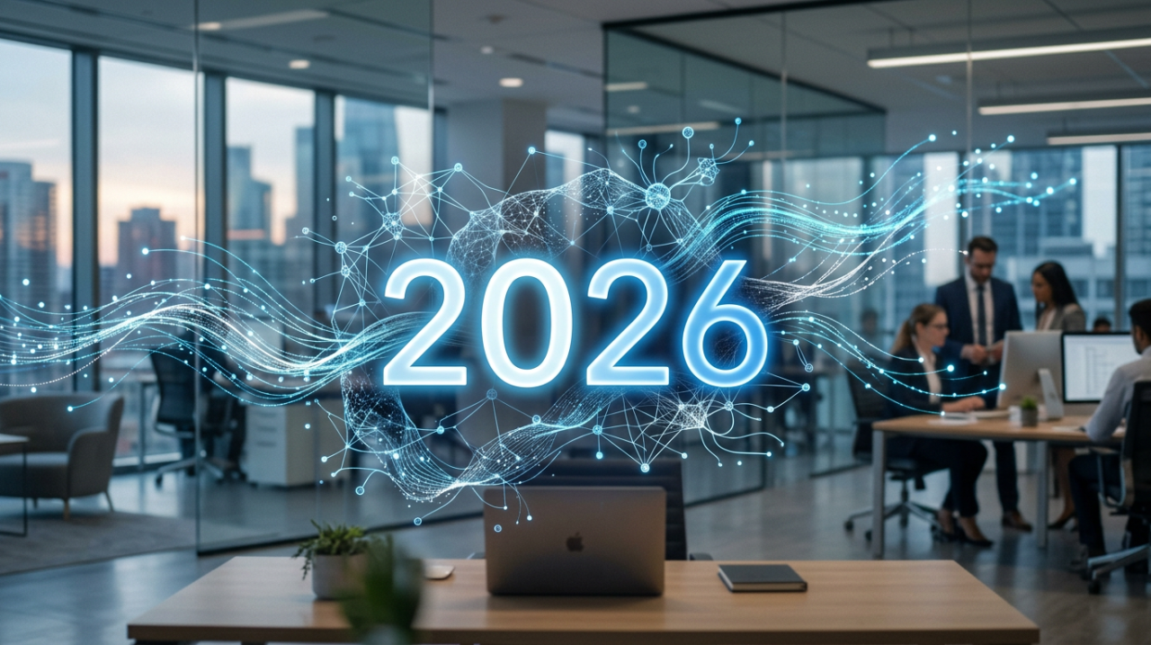 Concepte d’intel·ligència artificial el 2026 amb elements digitals en un entorn professional